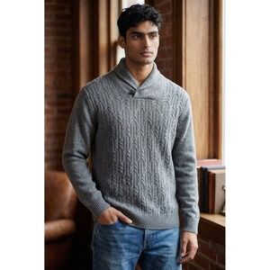 Ben Sherman Gray Cable Knit 100% Lambswool Sweater Cowl Neck - Men's Large